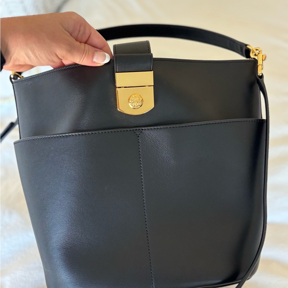 Veronica Beard Crest Lock Designer Black Leather Bag